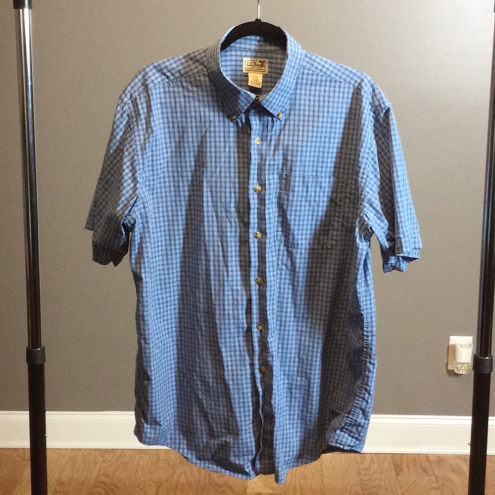 Large L.L. Bean Blue Checkered short sleeve button down shirt